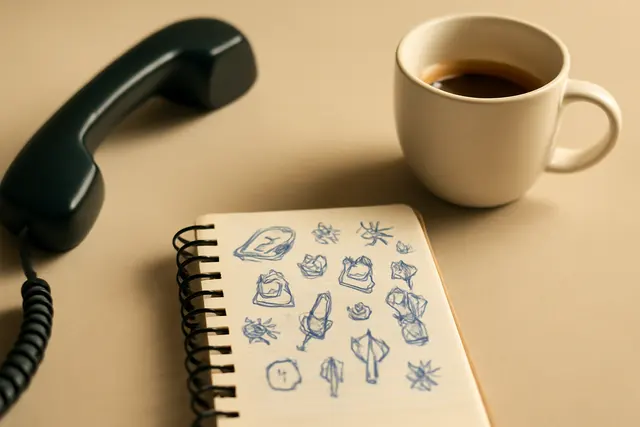 Notebook margin covered in absent-minded pen drawings beside a telephone and coffee