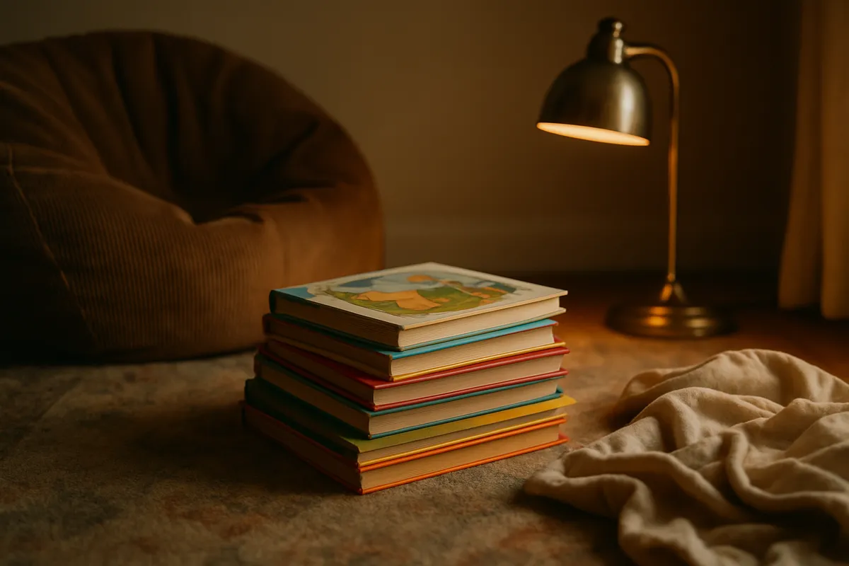 Stack of brightly colored children's picture books on a rug beside a beanbag and lamp