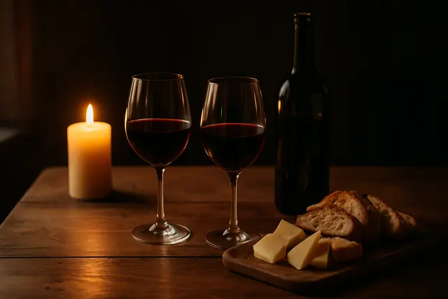 Two glasses of red wine beside an open bottle and a board of cheese and bread by candlelight