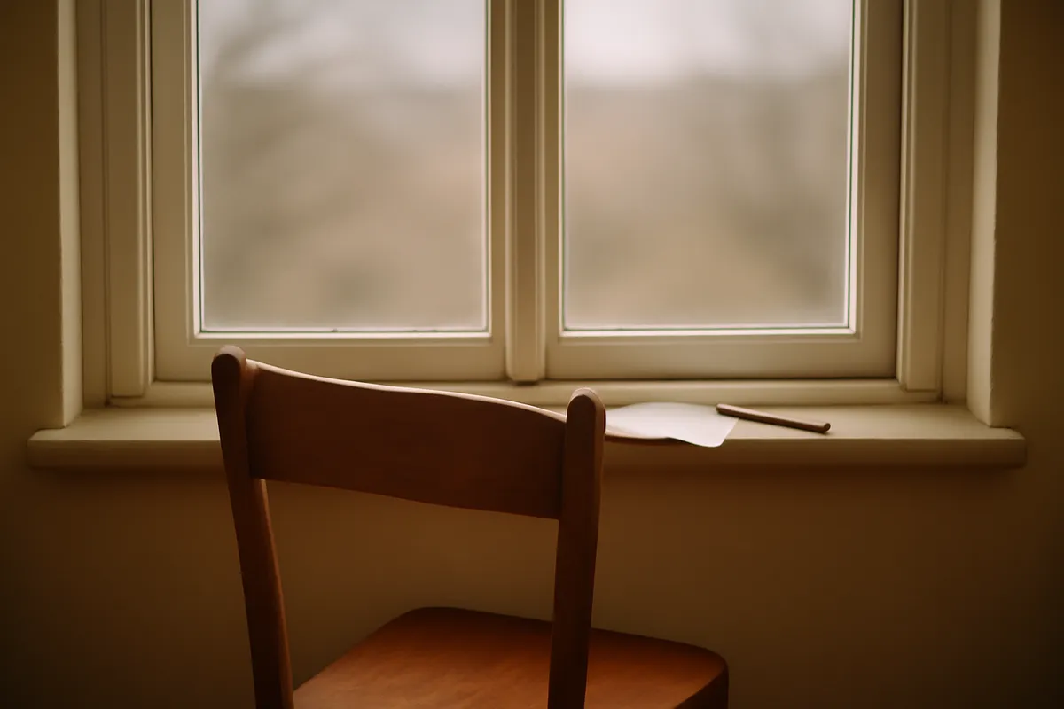 Empty chair facing a window with a half-written note and pen abandoned on the sill