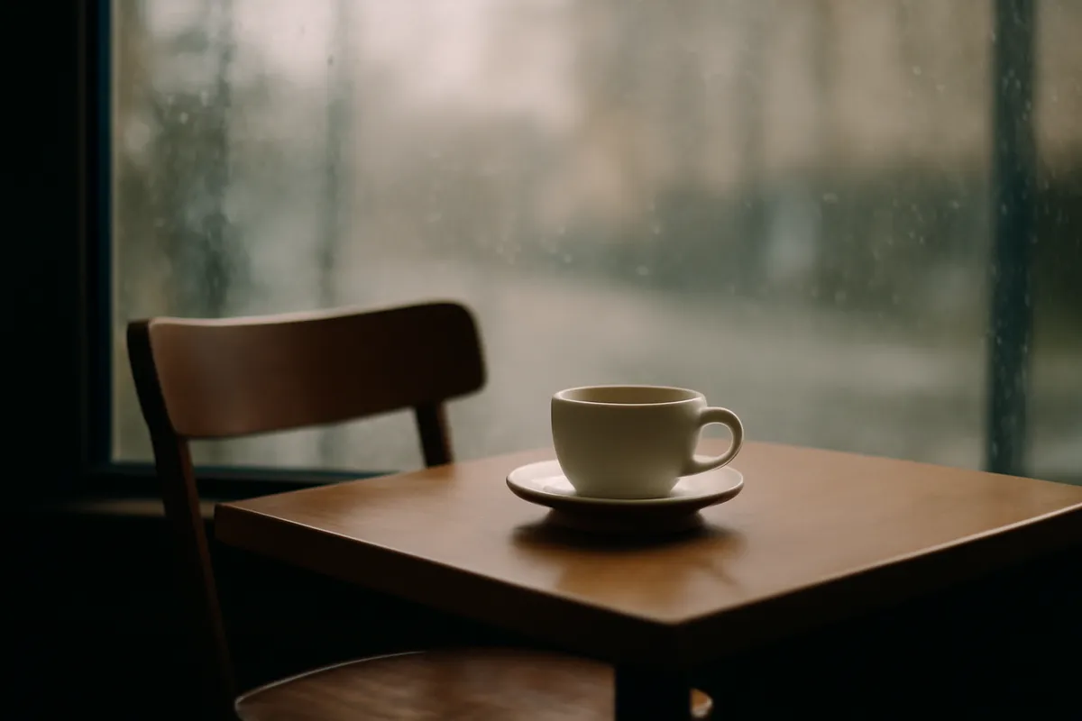 Single coffee cup on a cafe table with an empty chair opposite by a rain-flecked window