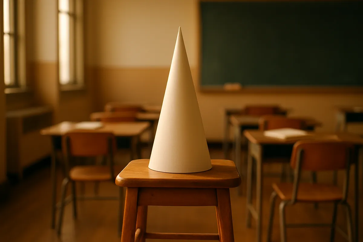 A cone-shaped dunce cap on a wooden stool in an empty classroom