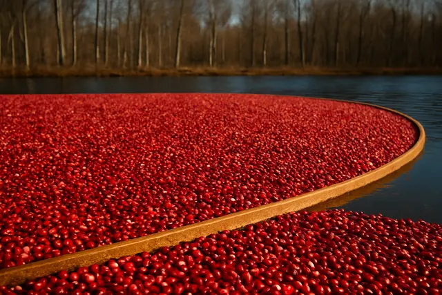 Red cranberries floating on a flooded harvest bog corralled by a wooden boom