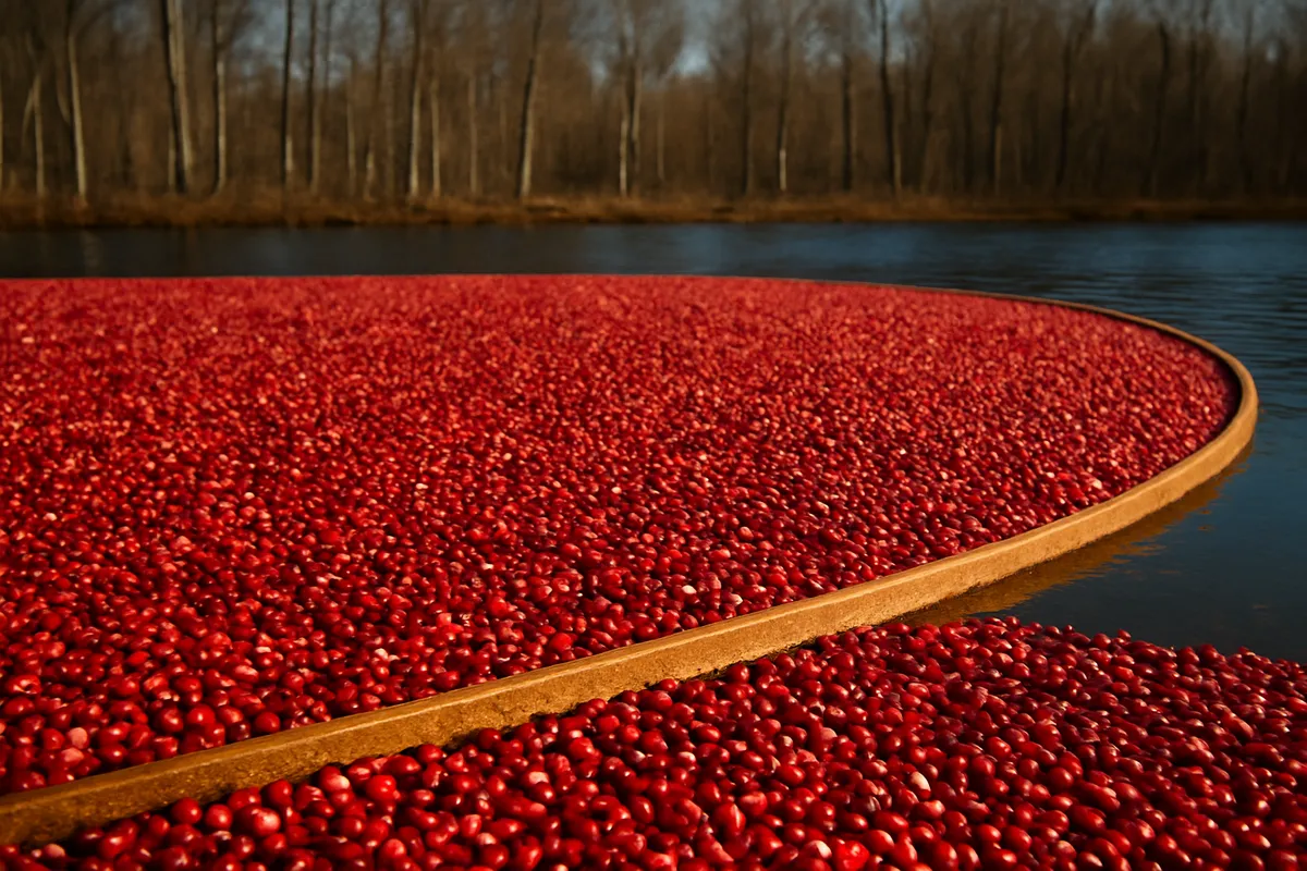 Red cranberries floating on a flooded harvest bog corralled by a wooden boom