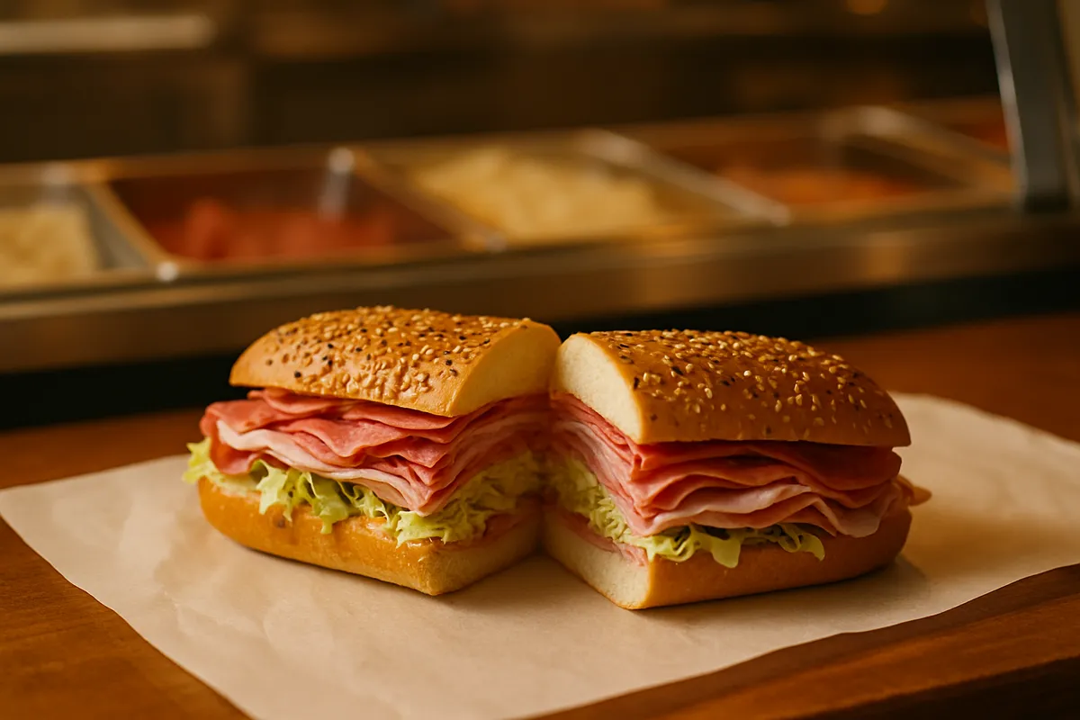 Long seeded roll sandwich cut on the diagonal on butcher paper at a deli counter