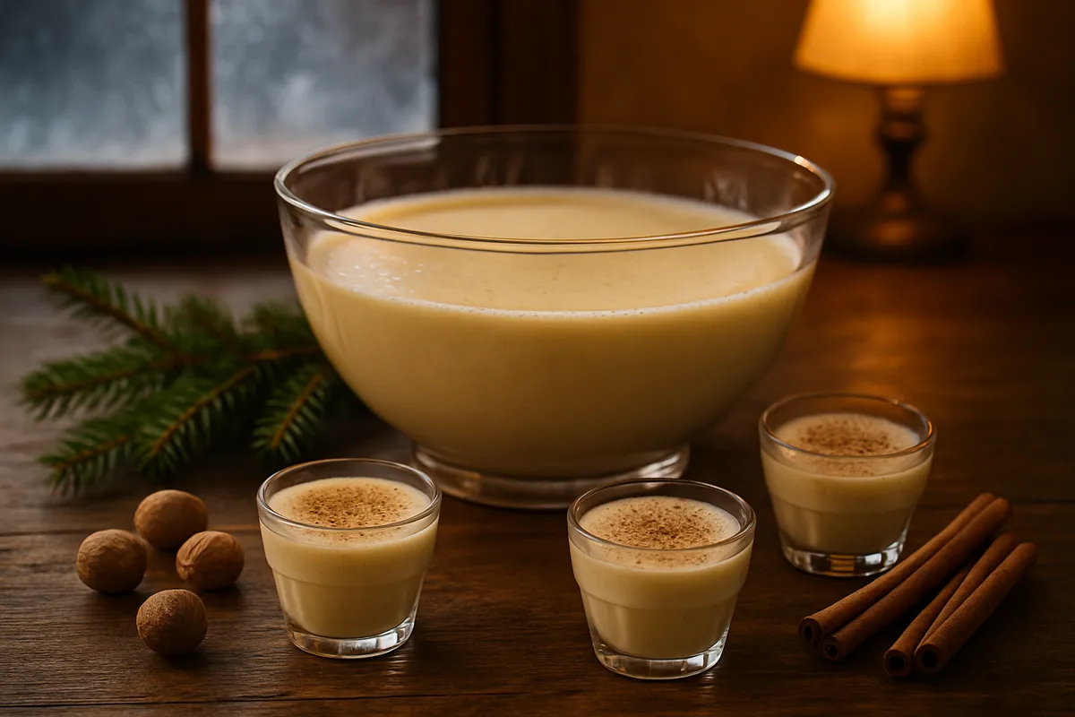 Glass punch bowl of creamy eggnog with filled cups, nutmeg and cinnamon sticks on a wooden table