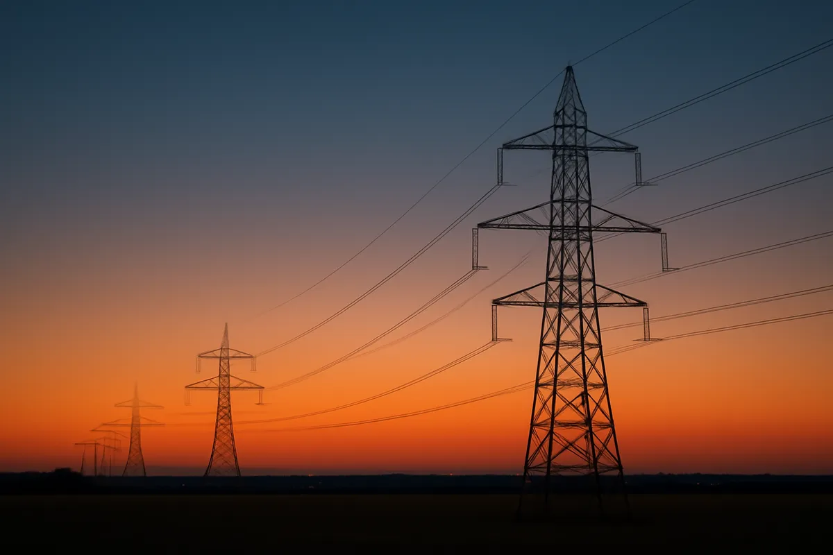 High voltage transmission towers across an open field at dusk with distant town lights