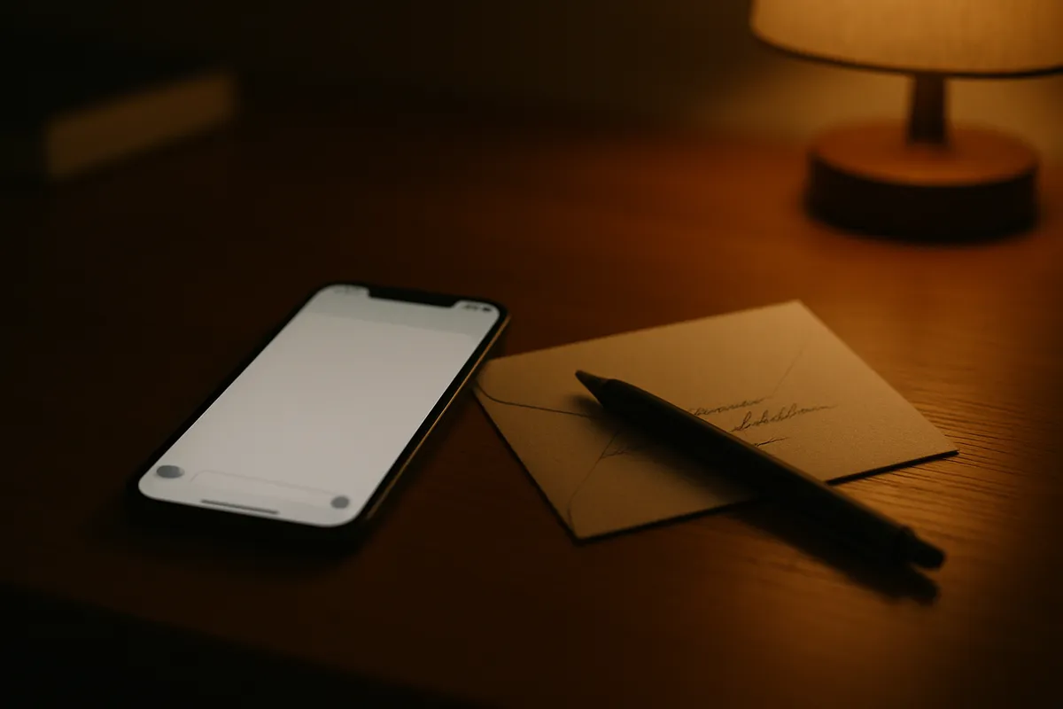 Phone with a blank message screen beside a half-addressed handwritten card and pen