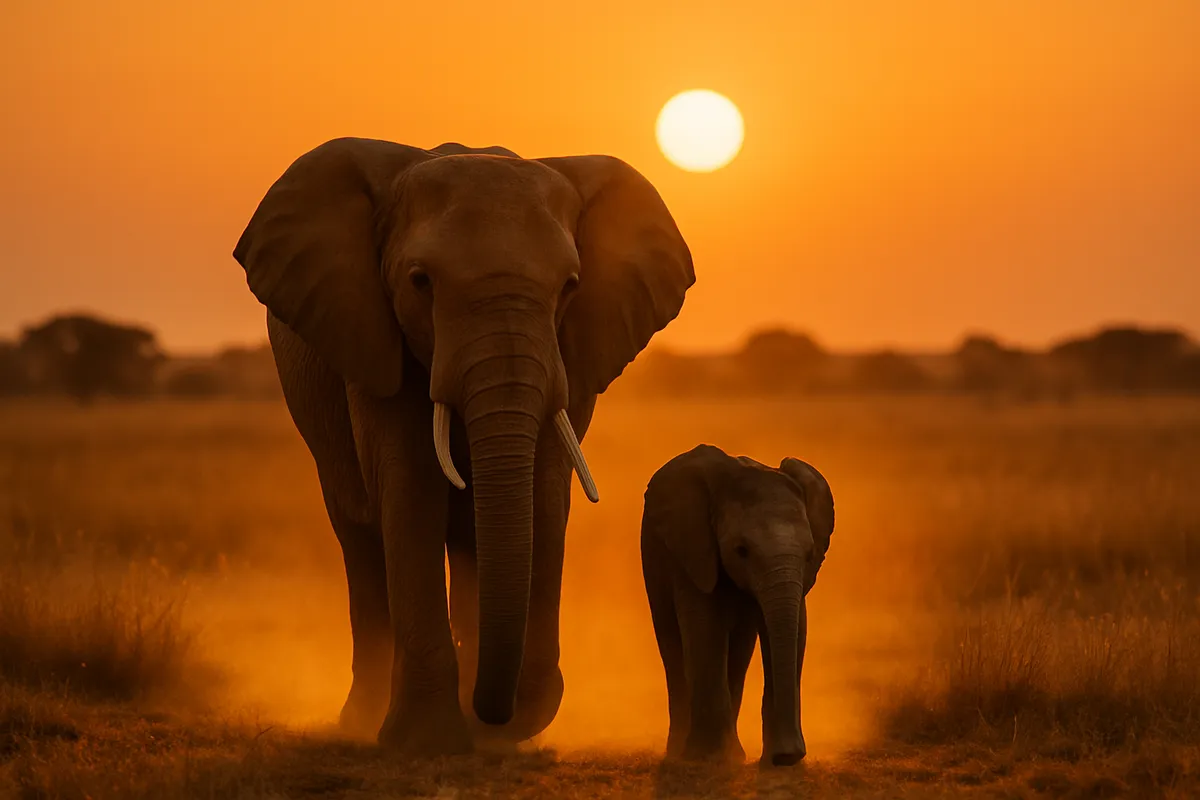 An elephant and her calf walking across a golden savanna at sunset