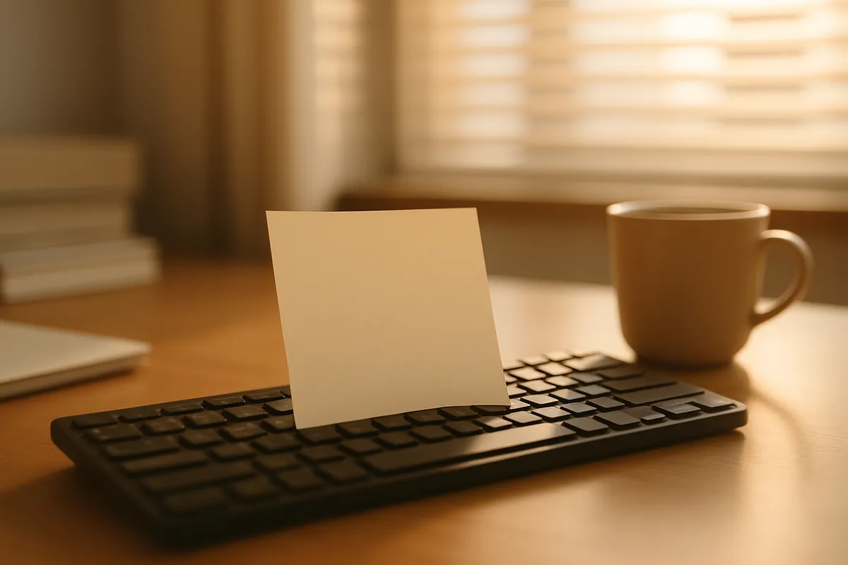 Handwritten note propped on a keyboard at an office desk beside a coffee cup