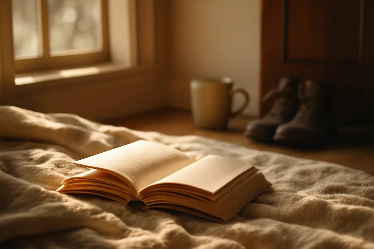 Open novel face down on a blanket by a window with a mug and walking boots nearby