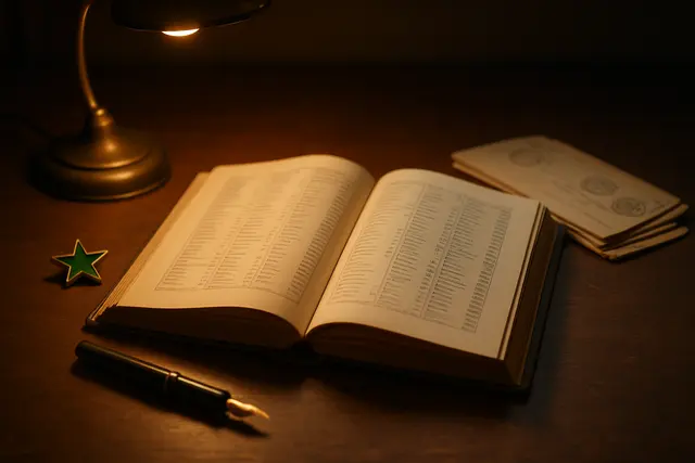 Open language textbook beside a green star pin, a pen and letters with foreign postmarks