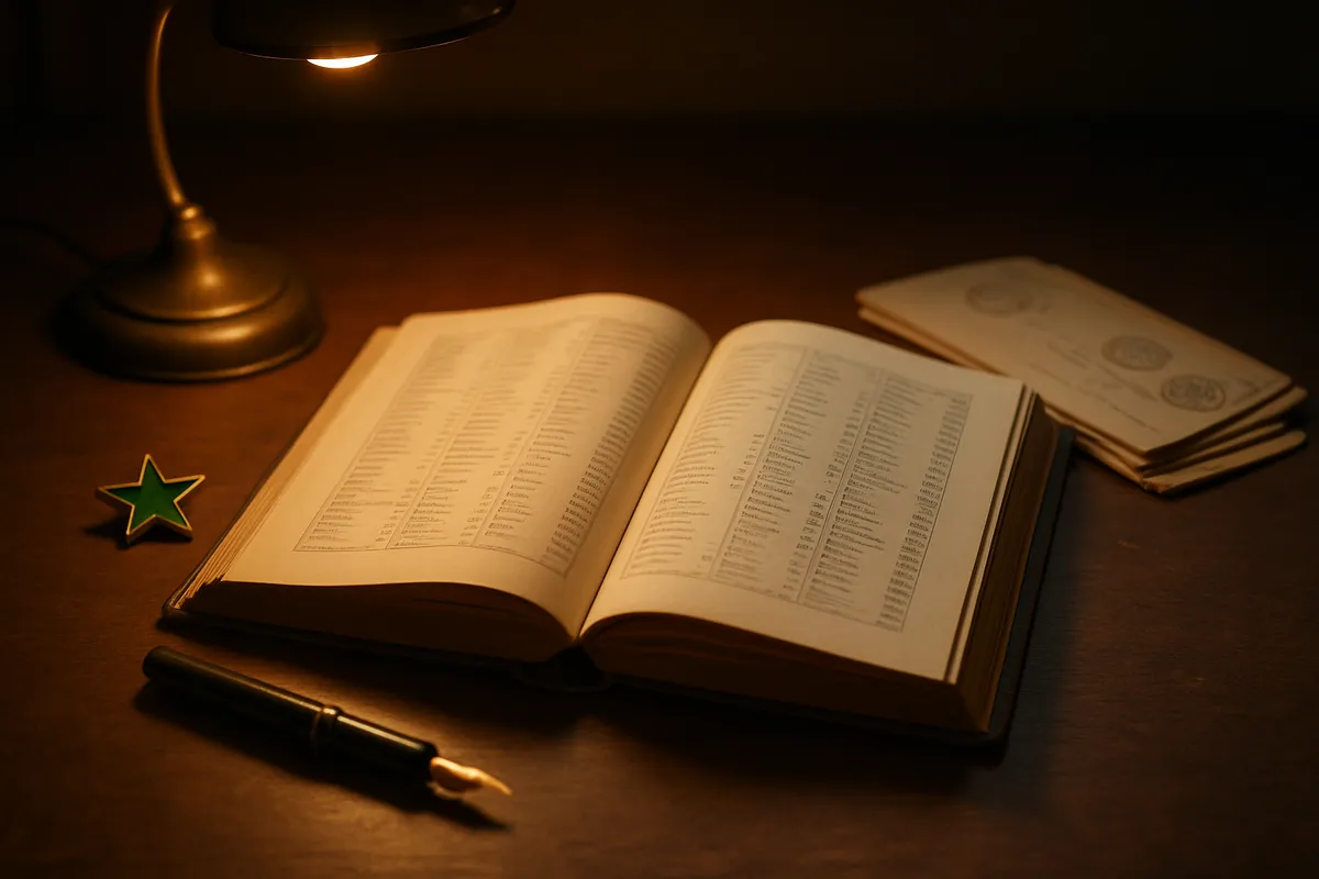 Open language textbook beside a green star pin, a pen and letters with foreign postmarks