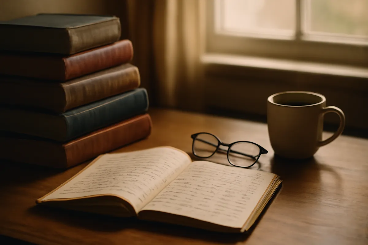Stack of worn dictionaries beside an open notebook, coffee and glasses on a wooden desk