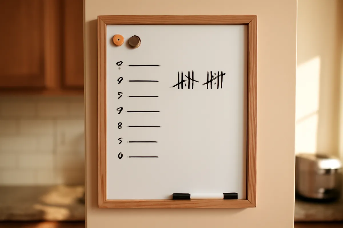 Kitchen whiteboard with a chore list and two sets of tally marks beside it