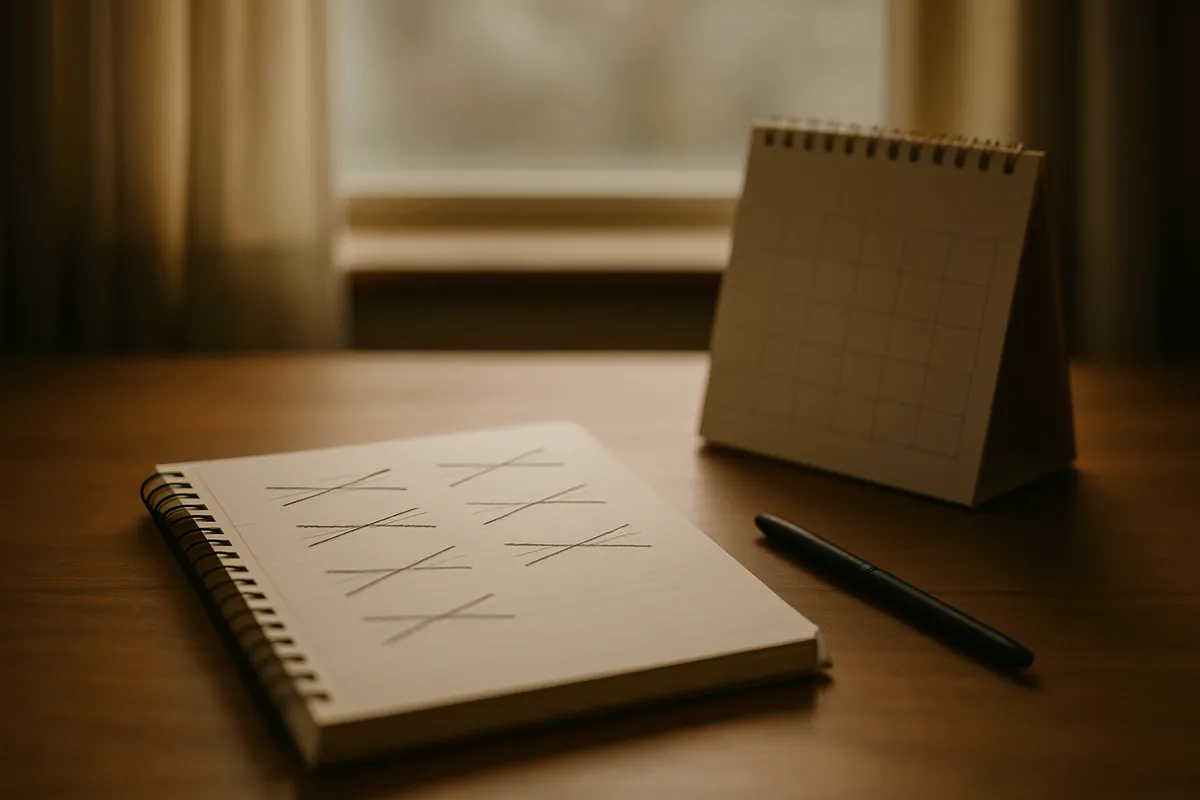 Notebook page of crossed-out predictions beside a calendar and a pen on a desk