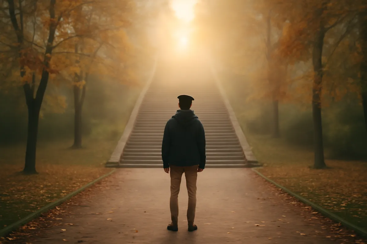 Person at the base of steep stone steps looking up toward sunlight breaking through mist