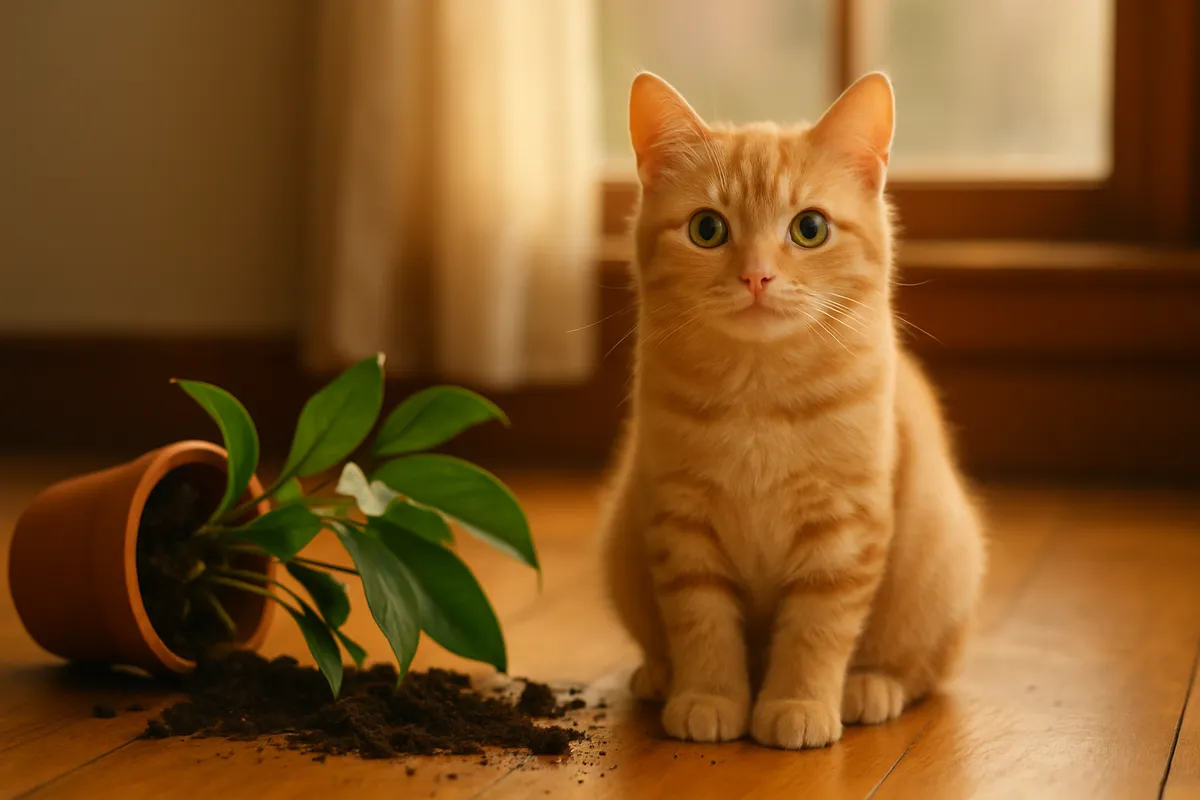 A cat with an innocent look sitting beside a toppled houseplant