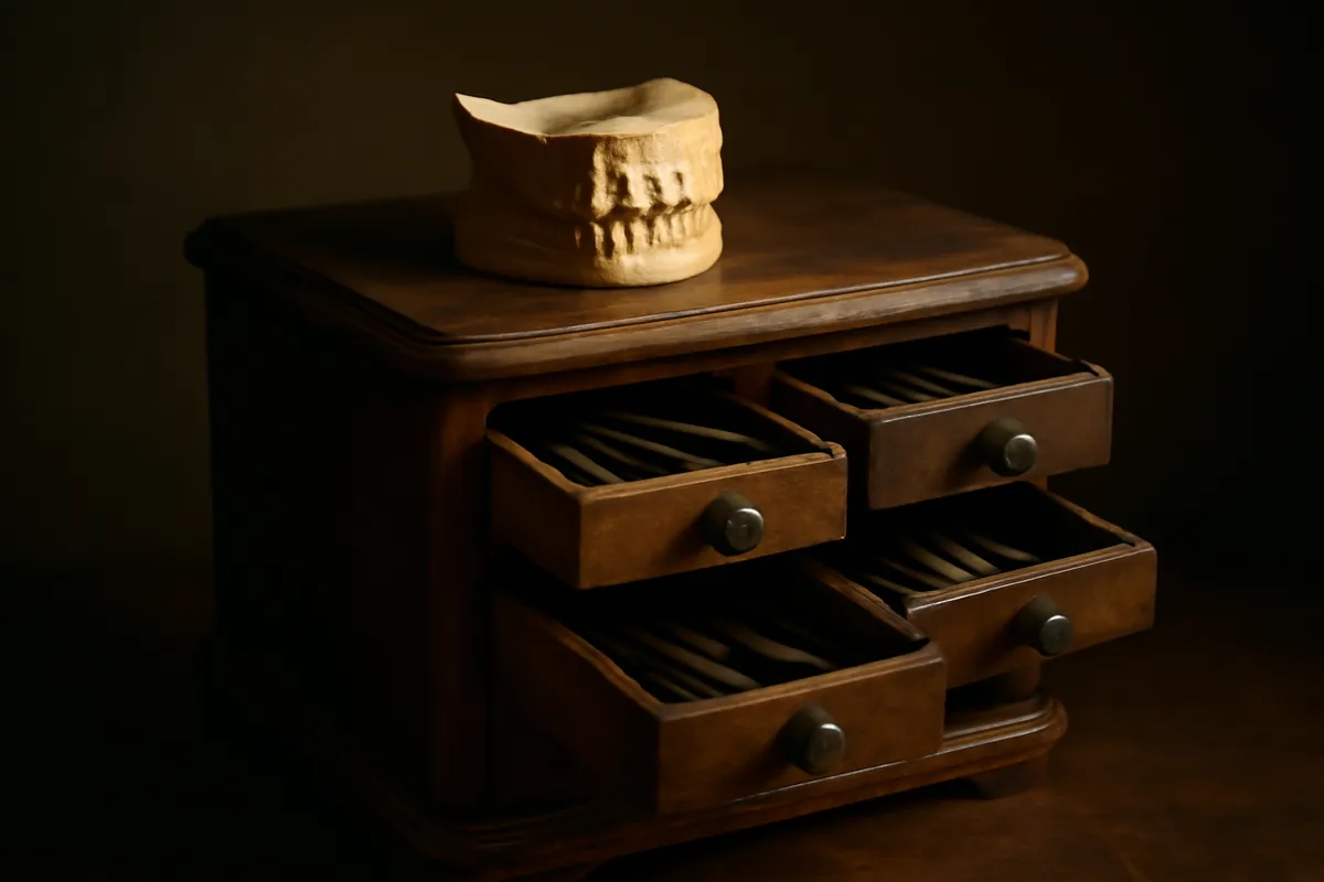 Antique dental cabinet with open drawers of instruments and a plaster jaw model on top