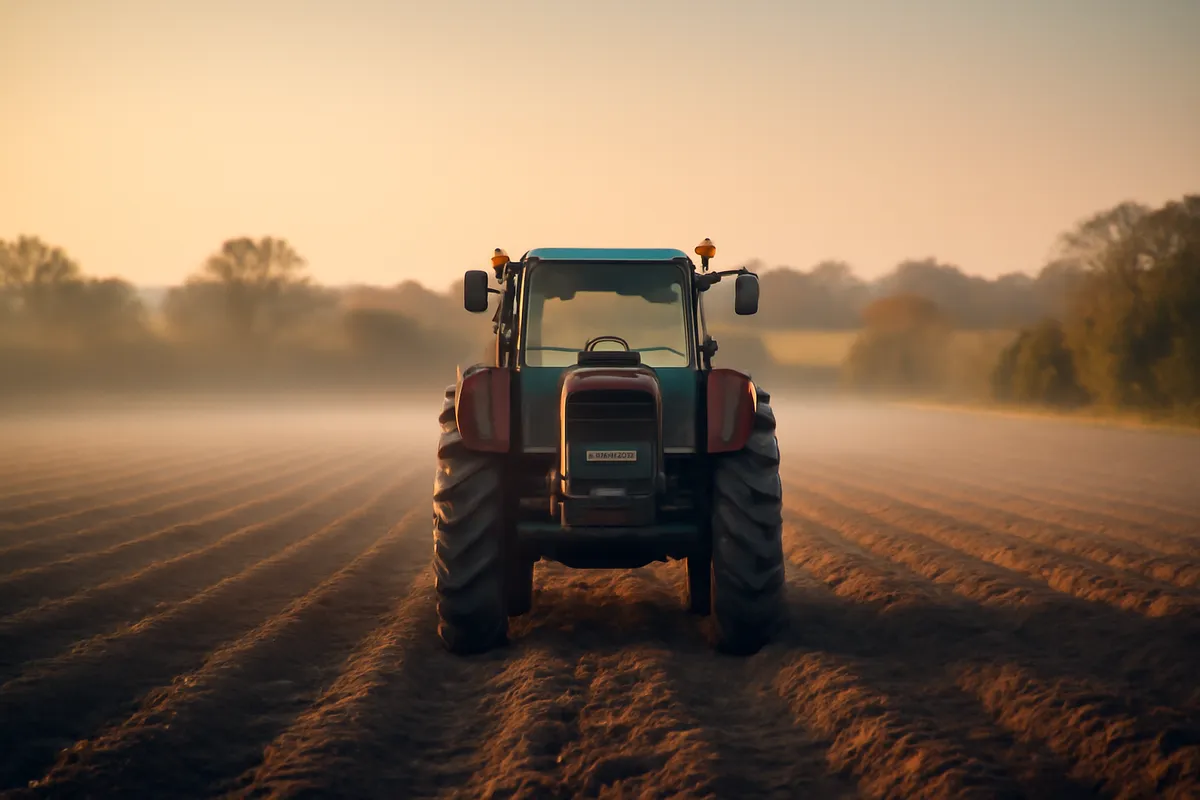 Tractor at the edge of a plowed field at dawn with mist over the furrows