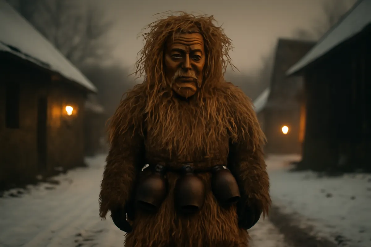 Figure in straw and fur with carved mask and bells standing in a snowy village lane