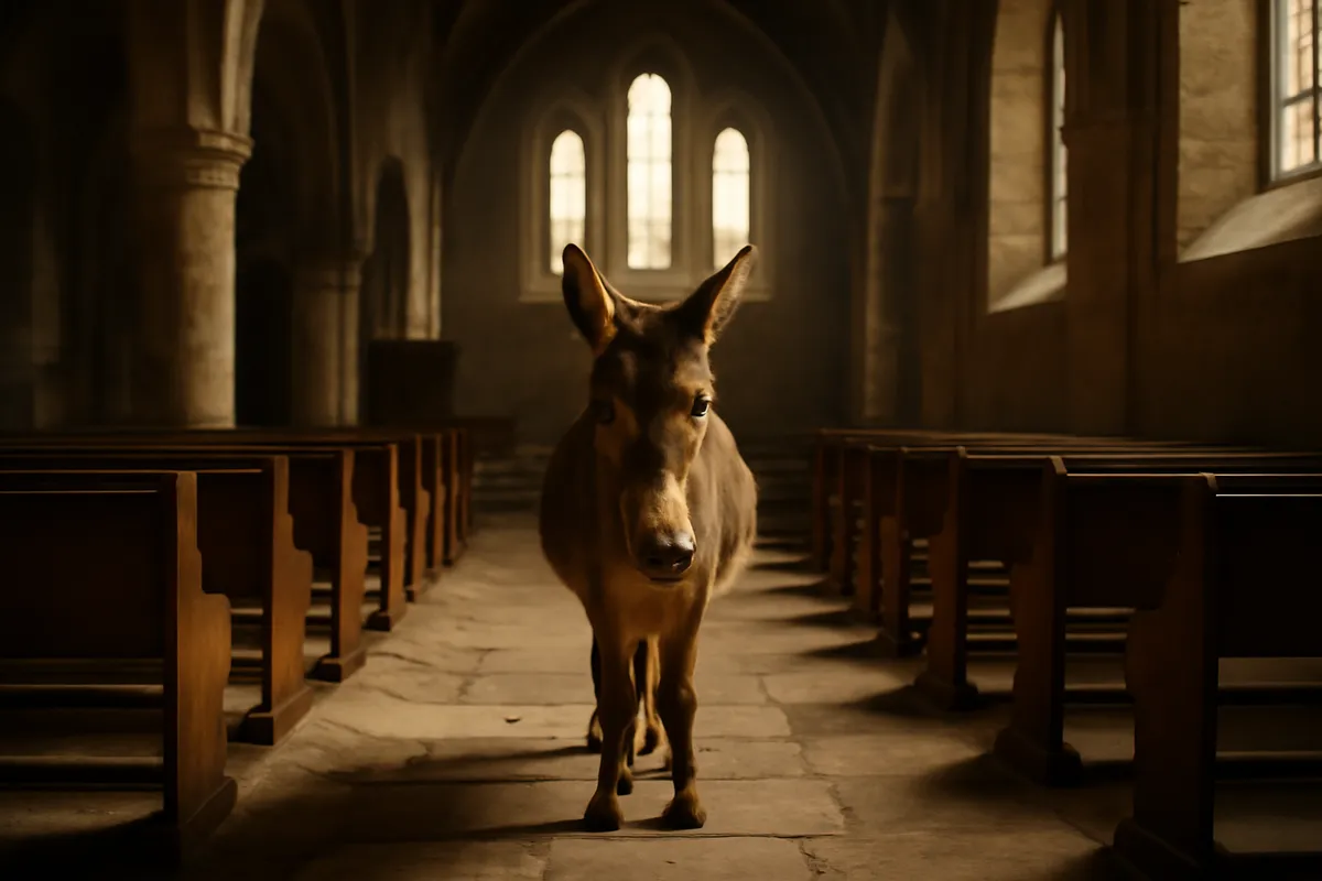 Donkey standing in the nave of an old stone church lit by high windows