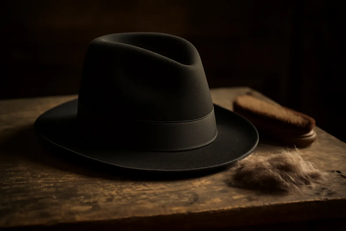 Dark felt fedora resting on a workshop bench beside a soft brush and loose fibers
