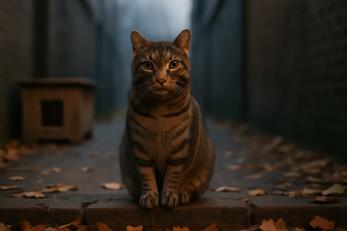 Tabby cat with a tipped ear sitting on a brick wall at dawn beside a wooden shelter box