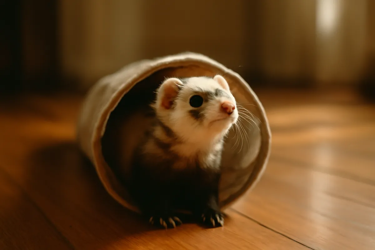 Curious ferret emerging from a fabric tunnel on a wooden floor, head up and alert