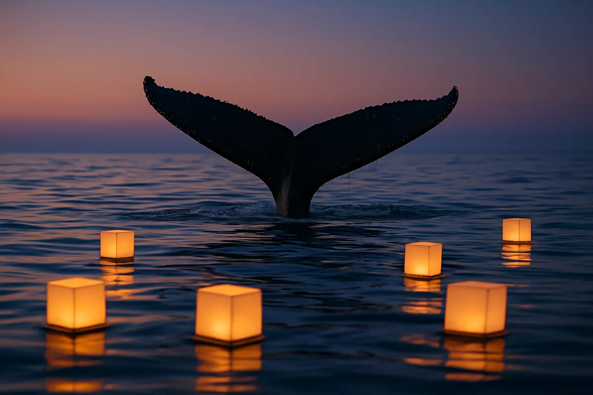 A whale tail rising from a calm twilight sea surrounded by floating lanterns