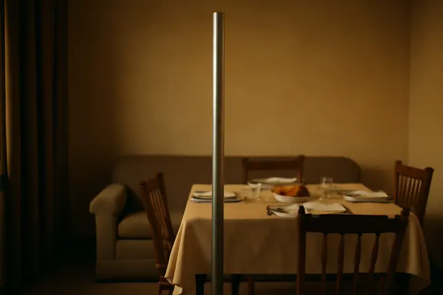 Plain aluminum pole standing in an undecorated living room beside a set dinner table