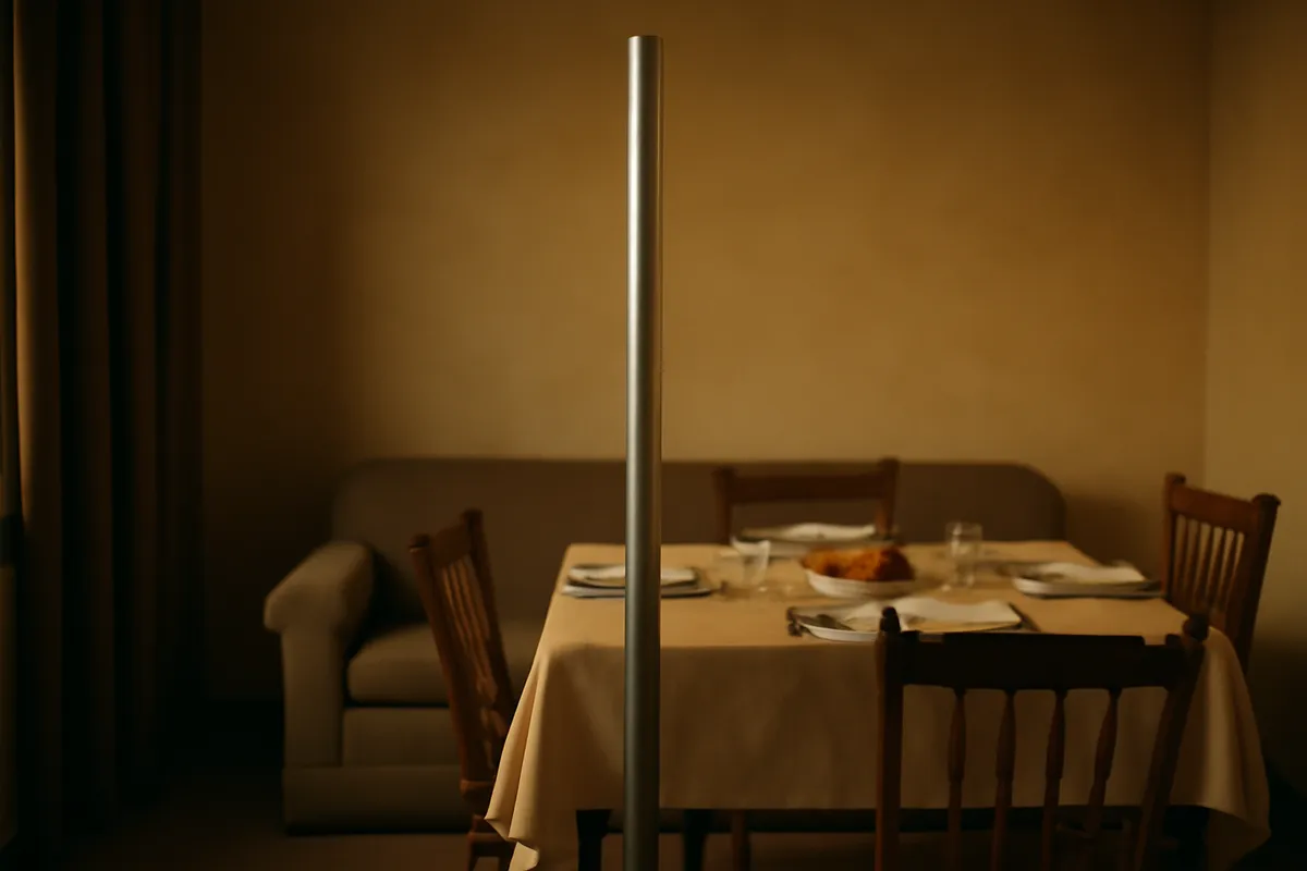 Plain aluminum pole standing in an undecorated living room beside a set dinner table
