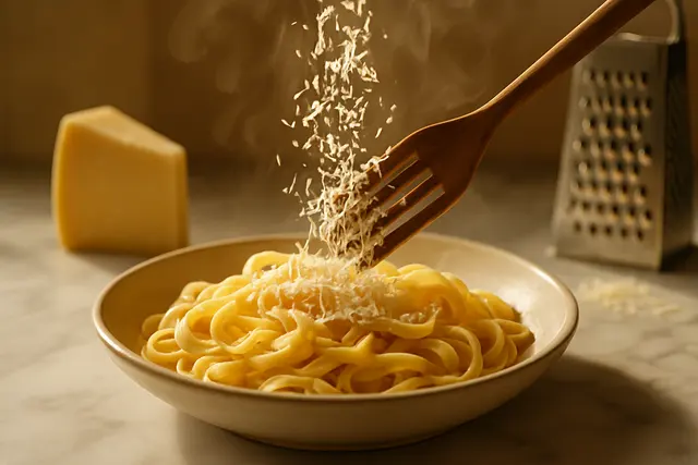 Bowl of glossy buttered fettuccine being tossed with grated cheese falling over it