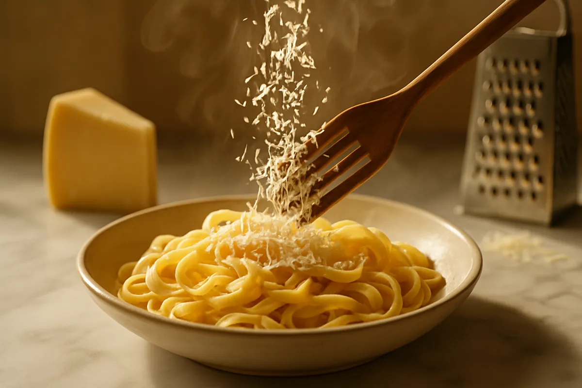 Bowl of glossy buttered fettuccine being tossed with grated cheese falling over it