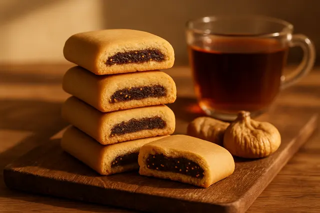 Stack of fig-filled cookie bars with one broken open beside dried figs and black tea