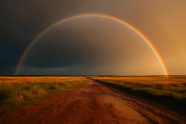 Full rainbow arc over wet open countryside with dark clouds on one side