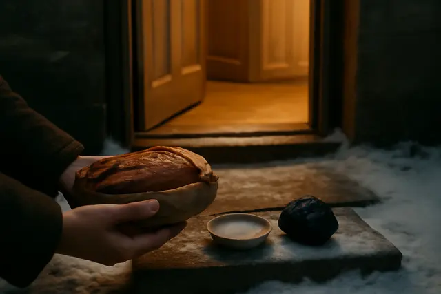 Hands holding a loaf, coal and salt at a lit doorway on a frozen night