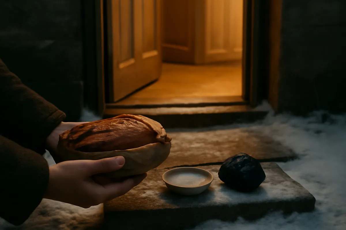 Hands holding a loaf, coal and salt at a lit doorway on a frozen night