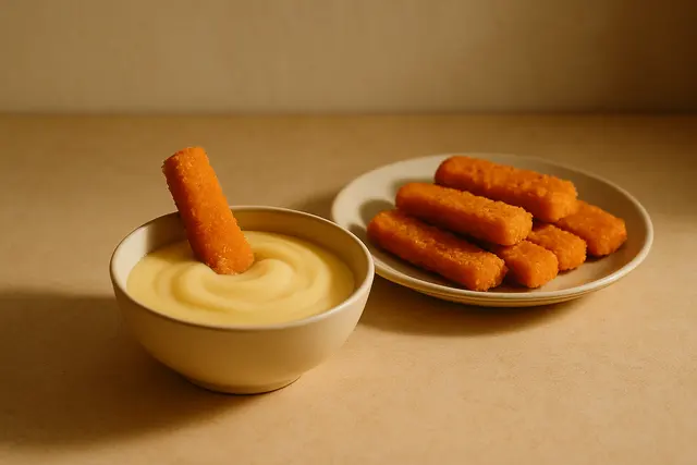 Bowl of thick warm custard beside a plate of golden fish fingers, one dipped in