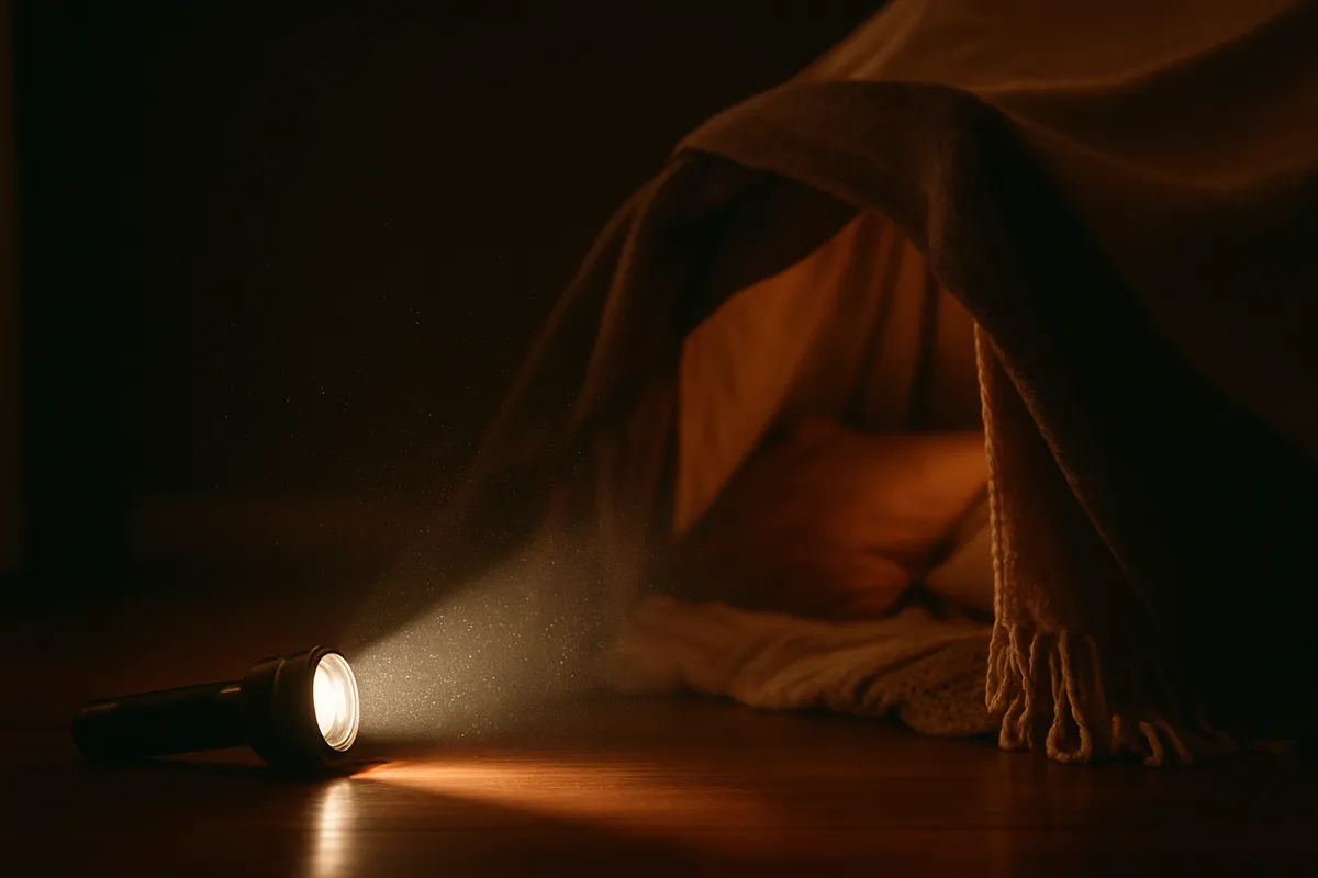 A flashlight beam cutting through a dark room toward a blanket fort