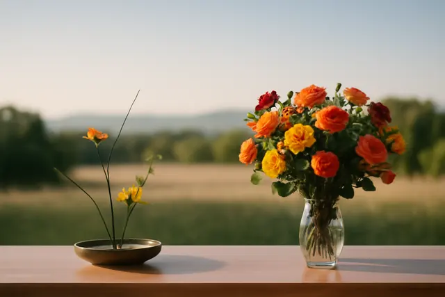 Sparse three-stem arrangement in a shallow dish beside a full bunch in a tall vase