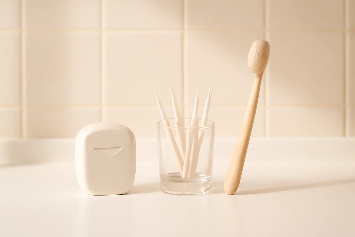 Bathroom counter with a floss dispenser, interdental brushes in a glass and a toothbrush