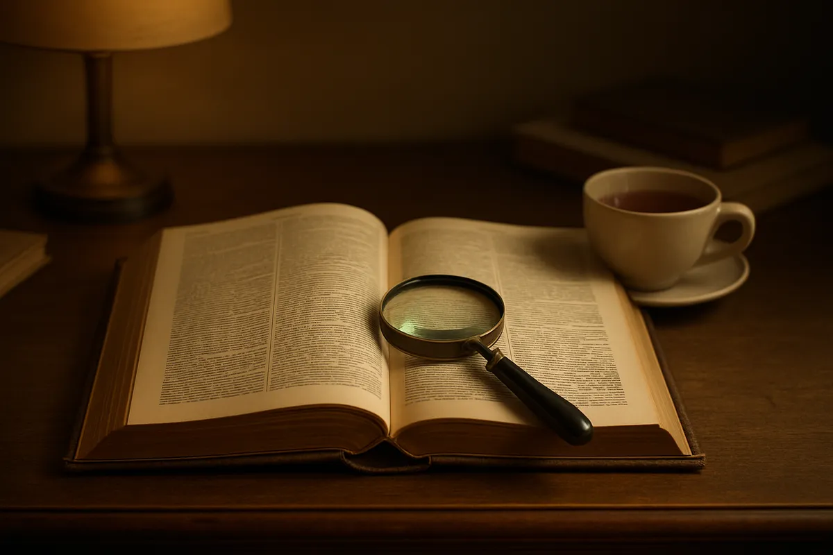 Open etymological dictionary on a desk with a magnifier on the page and a cup of tea