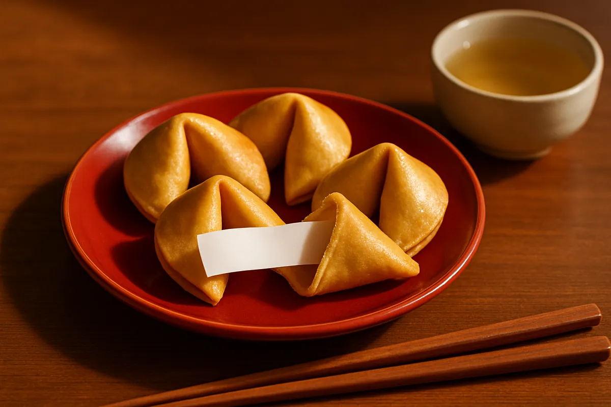 Golden fortune cookies on a red plate beside chopsticks and tea