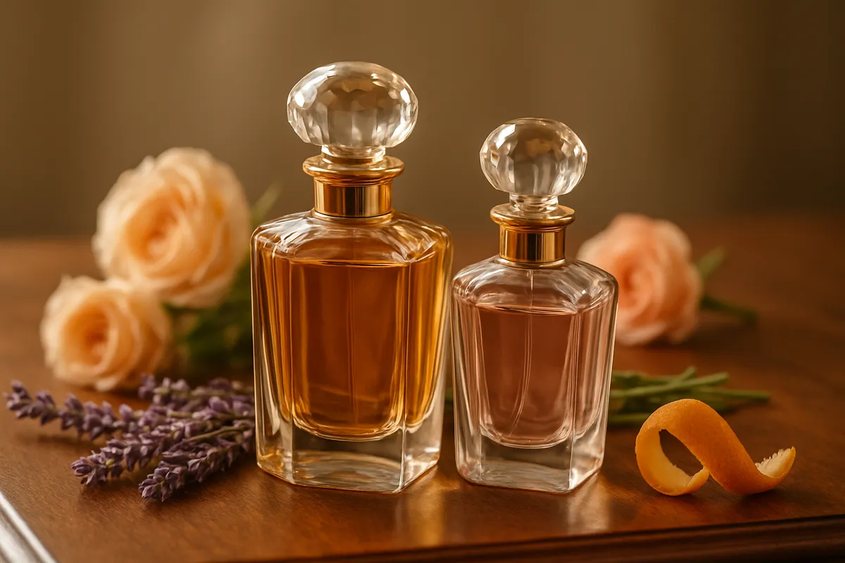 Glass perfume bottles beside lavender, roses and citrus peel