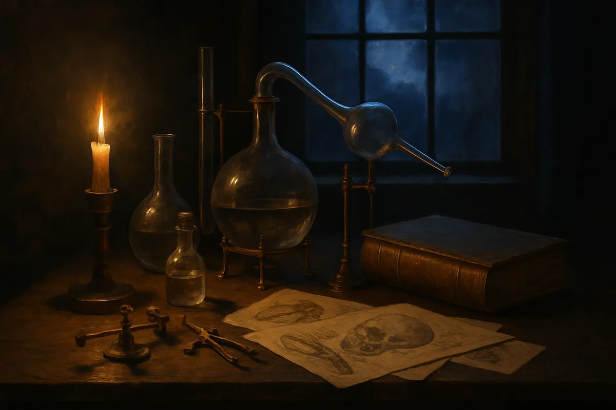 Candlelit nineteenth-century laboratory bench with glass apparatus and a leather journal