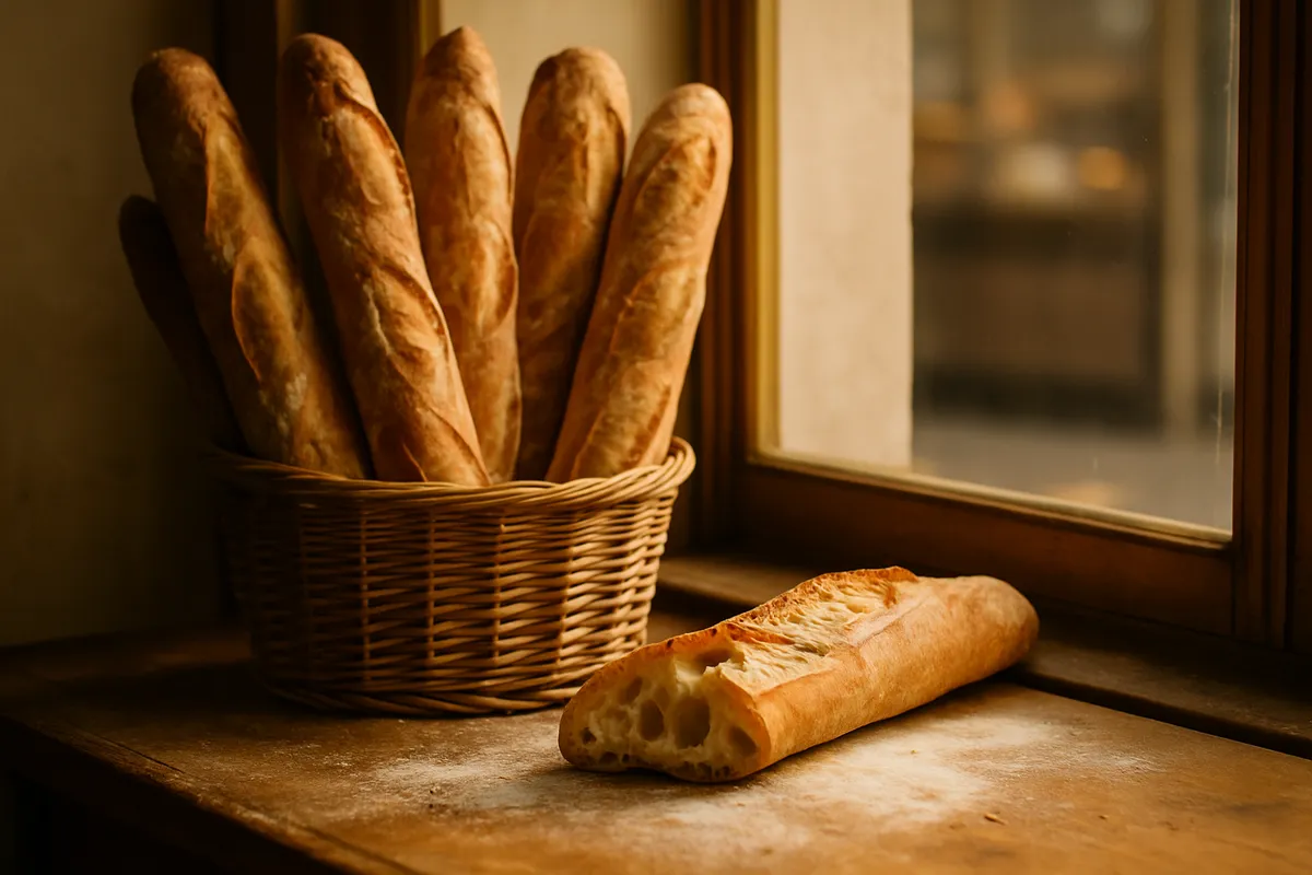 Crusty baguettes in a wicker basket with one broken open showing an airy crumb