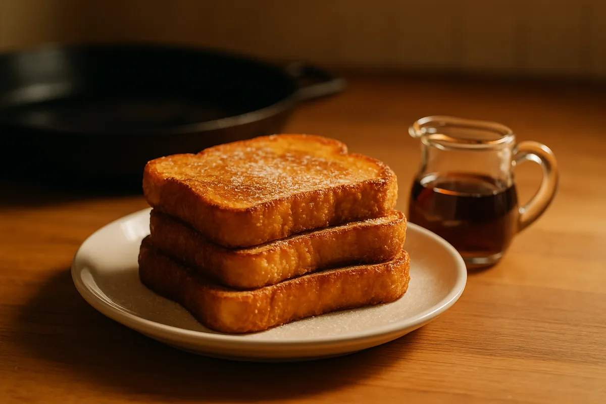 Stack of thick golden French toast slices on a white plate beside a jug of syrup