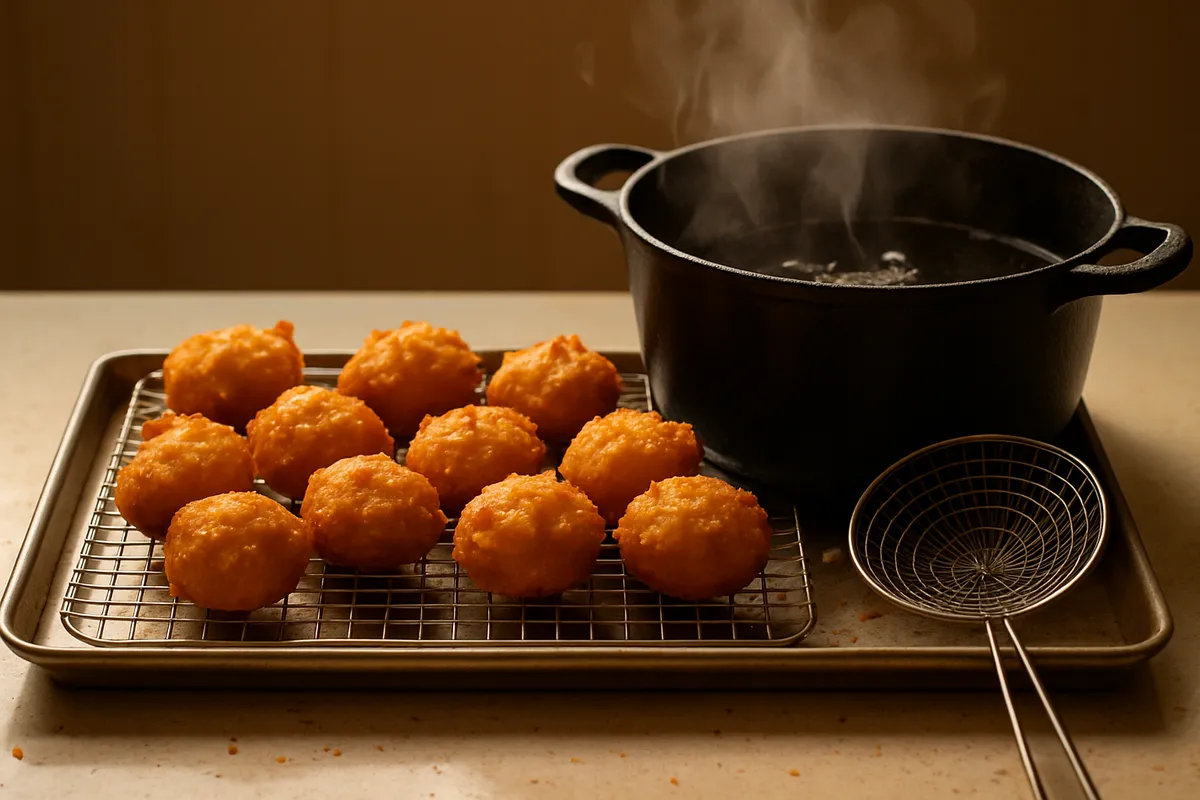 Golden fritters draining on a wire rack beside a heavy pot of oil and a spider strainer