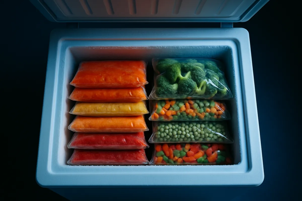Open chest freezer from above with stacked flat packages and bags of frozen vegetables